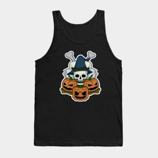 Halloween : Skull with Hat Wizard and Pumpkin Emoji Tank Top